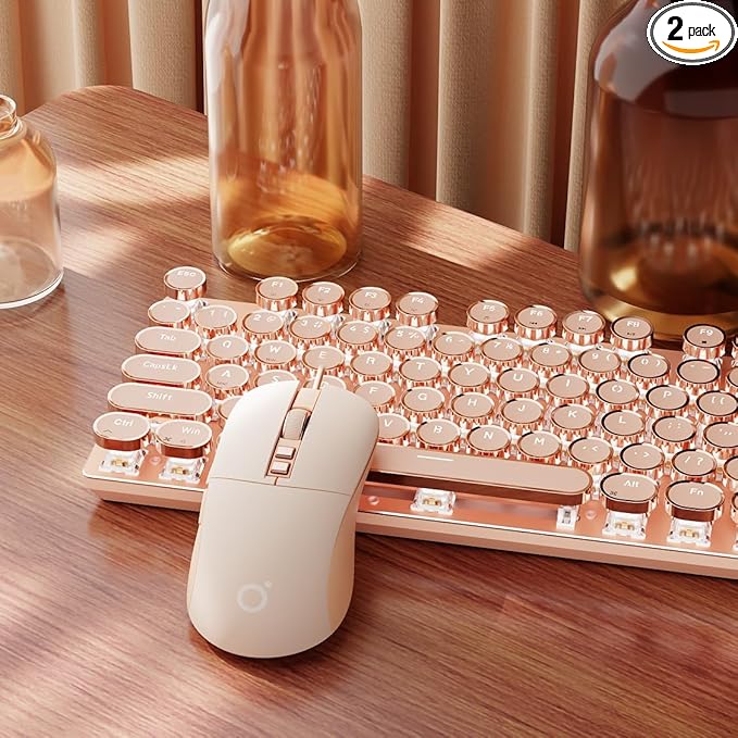 EWEADN Wired Typewriter keyboard and Mouse Combo Typewriter Style Mechanical Gaming Keyboard104 Keys Backlit LED Keyboards Media Control Knob Wired Keyboard Pink Switch for Windows/Mac/PC-Pink