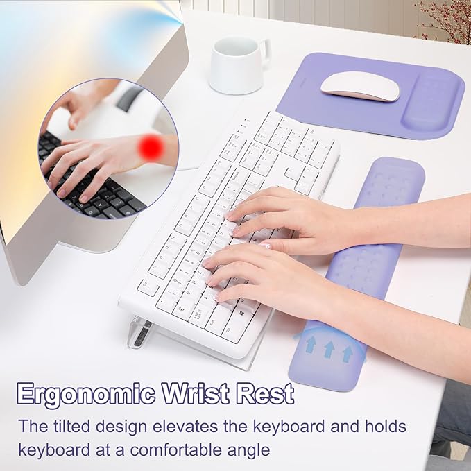 MOSISO Computer Keyboard Stand&ampWrist Rest Support for Keyboard &ampMouse Pad Set Ergonomic Massage Wrist Rest Set Easy Typing Working Acrylic Clear Stand for Office Home Purple