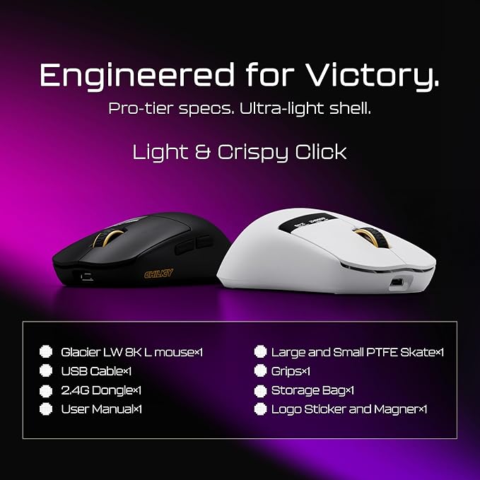 Chilkey Wireless Mouse Glacier LW 8K L Gaming Mouse with LCD Screen 8K Polling Rate 30000 DPI Optical Tracking 750 IPS Bluetooth/2.4GHz/USB-C 47g Ultra-Lightweight 100 Million Clicks