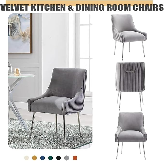 Adjustable Office Computer Chair with Armrest 1pcs Velvet Upholstered Dining Chair with with Backrest Pulling Rod and Silver Legs