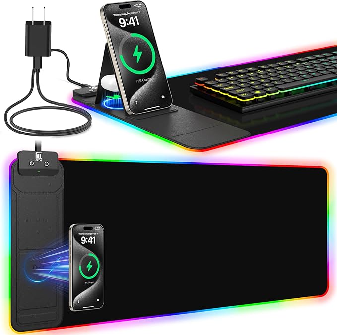 RGB Mouse Pad with Foldable Phone Stand &amp Wireless Charger 31.5x11.8 XL Gaming Mousepad Large Desk Mat Desk Pad with Dual Charging for Phone &amp AirPods | 11 Colors &amp 5 Modes | Waterproo