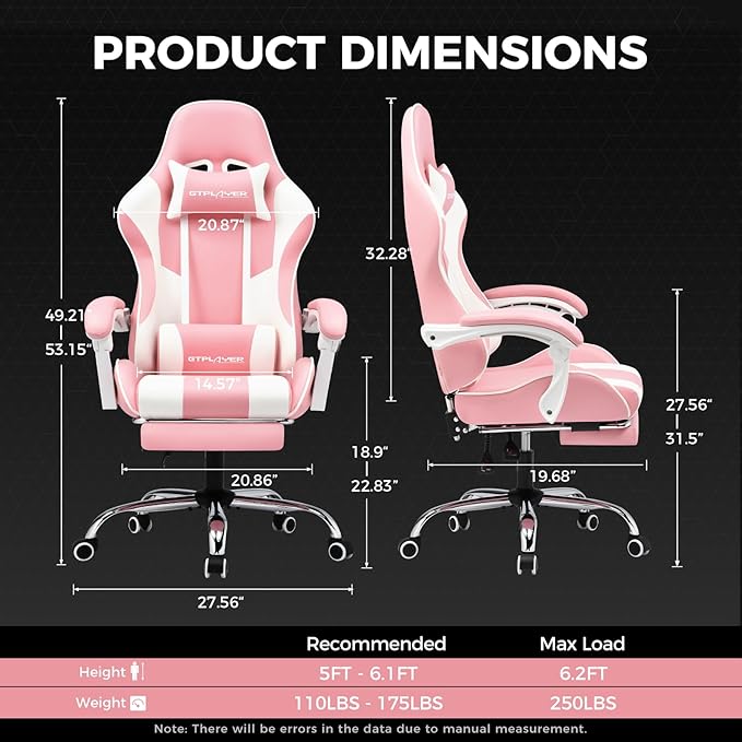 GTPLAYER Gaming Chair Computer Chair with Footrest and Lumbar Support Height Adjustable Game Chair with 360°-Swivel Seat and Headrest and for Office or Gaming (Faux Leather Pink)