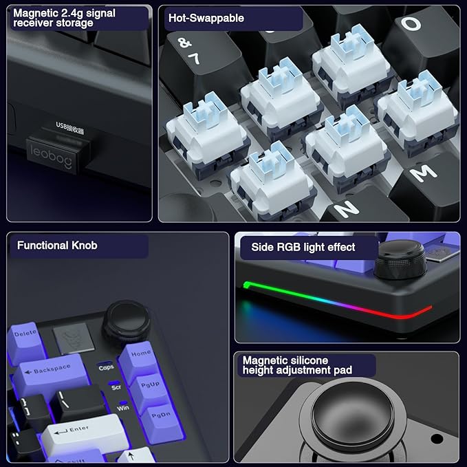 x LEOBOG A75 Alice Ergonomic Keyboard Wireless Mechanical Gaming Keyboard Tri-Mode BT5.0/2.4G/Wired with Joystick and Knob 75% Layout RGB Backlit Hot Swappable Linear Switches for Win