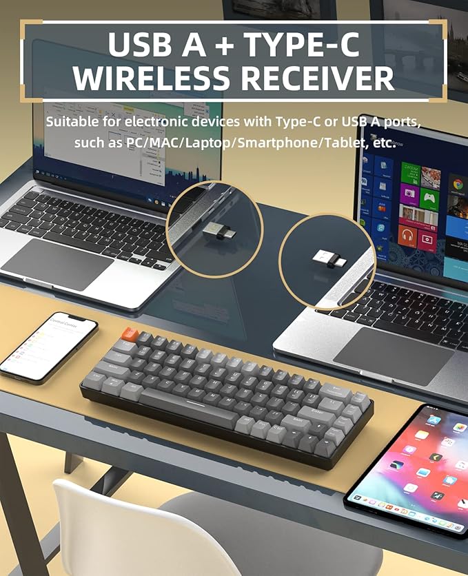 ZIYOU LANG RK68 60% Wireless Mechanical KeyboardBluetooth 5.0/2.4Ghz Dual Mode ReceiverHot-Swappable mini 68-KeyRetro Color KeycapsClicky Blue SwitchUltra Power Saving for PC PS4 Xbox iPhone ipad