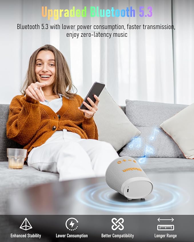 Portable Bluetooth Speaker Wireless with 9 Color Lights 20H Playtime Stereo Pairing Deep Bass IPX6 Waterproof Bluetooth 5.3 Small Speaker for Home Party Outdoor Camping Beach Gift