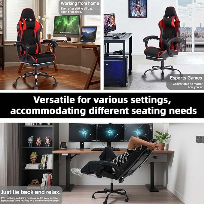 Gaming Chair with Footrest &amp Massage Comfortable Game Chair for Adults Gaming Desk Chairs with Headrest and Lumbar Cushion for Work and Study Adjustable Height Ergonomic (Red)