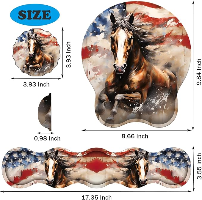 Ergonomic Keyboard Wrist Support Pad and Wrist Support Mouse Pad Anti-Slip with Gel Memory Mouse Pad Set Suitable for Office Use/Home Use - American Flag and Horse