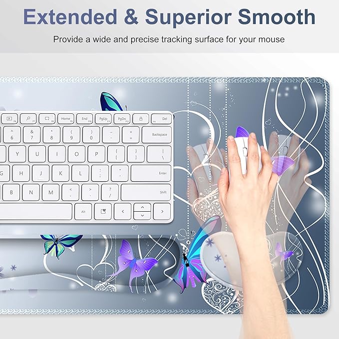 Cute Butterfly Desk Mat Florals 4 in1 Large Gaming Mouse Pad Set Ergonomics Keyboard Pad with Memory Foam Wrist Rest Extended Game Mousepad Non-Slip Desk Protector Matt Easy Typing Pain Relief