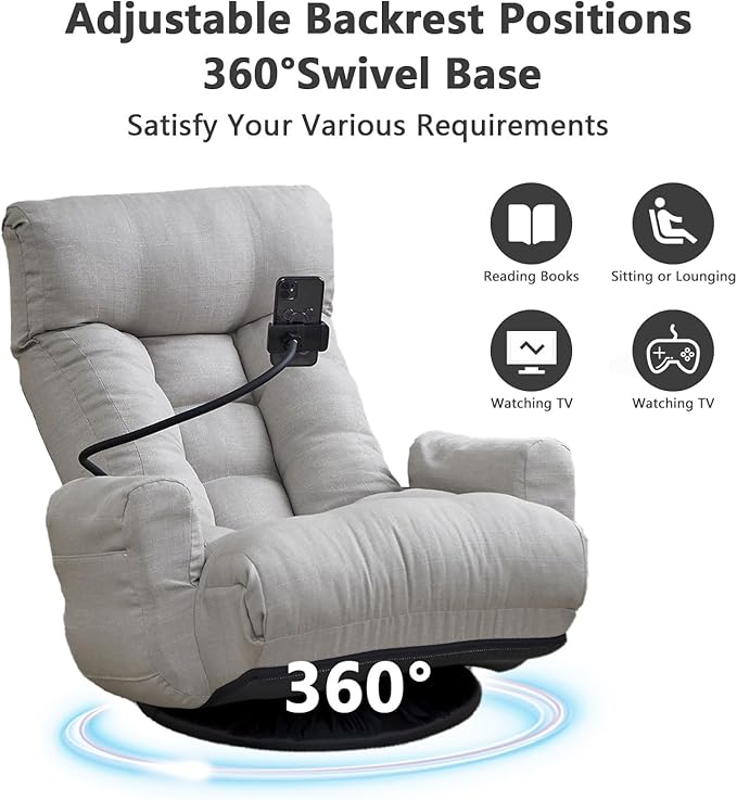 360-Degree Swivel Floor Chair with 5-Position Folding Design Adjustable Headrest Waist Support Armrests and Phone Holder for Living Room (Gray+Fine Linen)