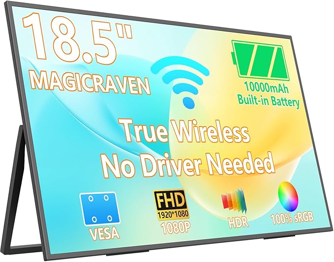 Wireless Portable Monitor for Laptop 18.5 Portable Monitor with Battery-1080P FHD Second Screen for Home &amp Office AirPlay &amp Miracast Casting No Cables or Drivers Needed