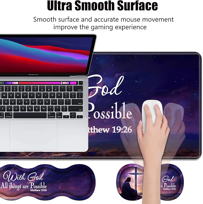 Ergonomic Memory Foam Mouse Pad Wrist Rest SetLarge Gaming Desk Pad + Keyboard Wrist Rest + Mouse Wrist Cushion + Coaster for Home Office Study GamingChristian Cross Quote Bible Verse Matthew 19:26
