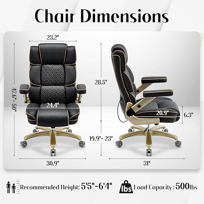 Big and Tall Office Chair 500lbs Heavy Duty Leather Chair with 5D Armrests Comfortable Seat High Back Executive Office Chair with Adjustable Lumbar Large Computer Chair for Home Office Black