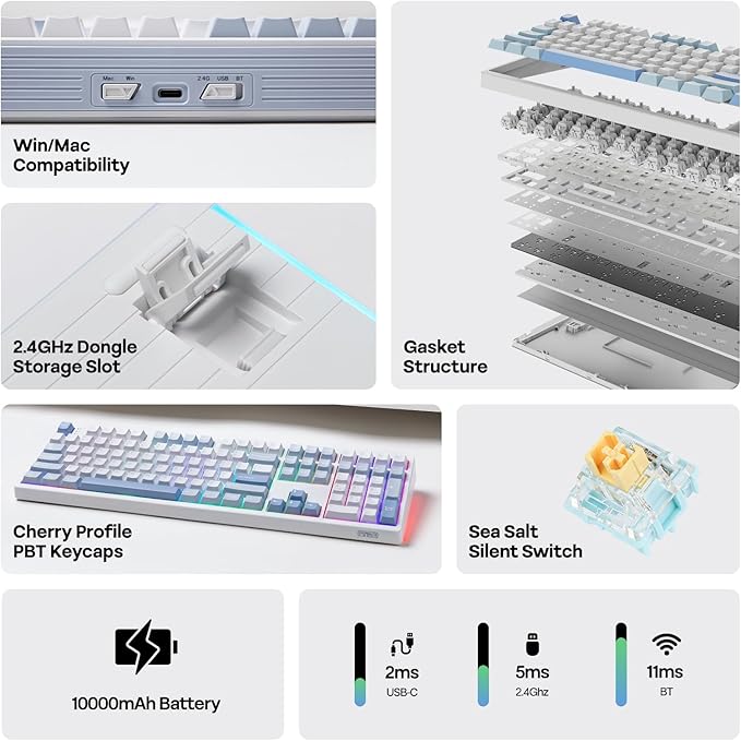 EPOMAKER TH108 Full Size Mechanical Keyboard Wireless Gaming Keyboard with 8000mAh Battery Creamy Gasket 108 Keys Hot Swap Custom Driver RGB Backlight (Blue&ampWhite Sea Salt Silent)