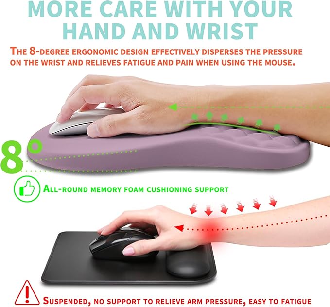 Ergonomic Mouse Pad Wrist Support with Memory Foam Massage Bulge Carpal Tunnel Pain Relief Mousepad Wrist Rest for Mouse(12x8 inch Purple)