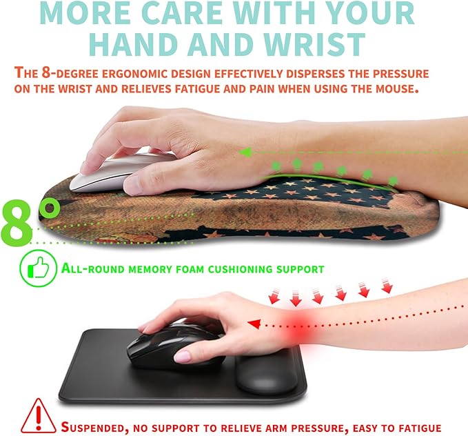 Ergonomic Mouse Pad Wrist Support with Memory Foam Massage Bulge Carpal Tunnel Pain Relief Mousepad Wrist Rest for Mouse(12x8 inch USA Flag Map)