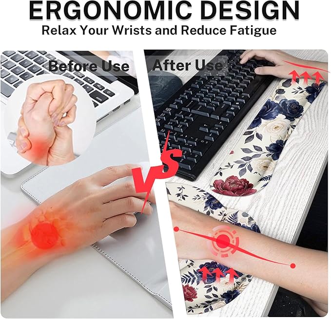 Britimes Navy Blue Florals Keyboard Mouse Pad Set Red Peony Florals Boho 4in1 Large Mousepad+Keyboard Wrist Rest+Mouse Wrist Rest+Coaster Ergonomic Design for Home Office Computer 35.4x15.7 inches