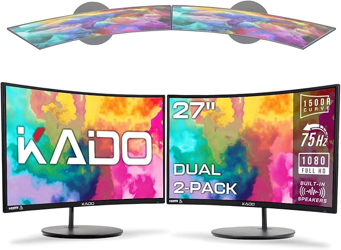 Kado Dual Monitor Setup - 2-Pack 27 Curved 1500R 1920x1080 Computer Monitor 75Hz VESA Mount HDMI Office Gaming Built-in Speakers (C27 Dual Series)