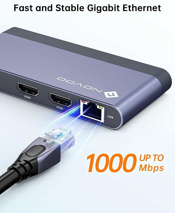 Novoo USB C Docking Station Dual HDMI Adapter 8 in 1 Multi Display 4K with 2 HDMI100W PD 2 USB TF Card USB-C 3.0 Hub Multiport Dongle Compatible with MacBook/Dell/HP/Lenovo Surface Laptops
