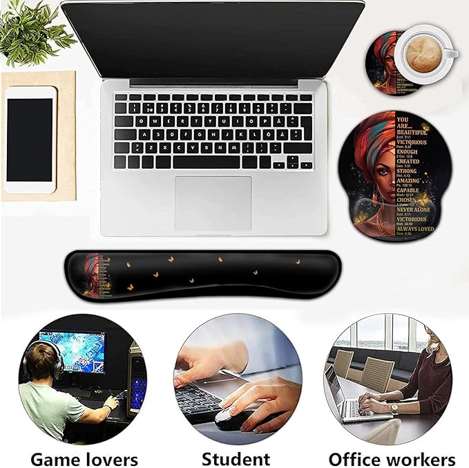 Ergonomic Gaming Mouse Pad Wrist Support and Memory Foam Keyboard Wrist Rest with Anti-Slip Base for Home Office Computer Desk Pad Gel Black Mouse Pad Easy Typing African American Women Black Girl