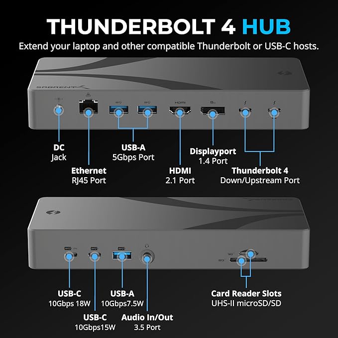 SABRENT Thunderbolt 4 Docking Station TB4 Ports 8K/4K USB4 &amp TB3 Compatible DP 1.4 HDMI 2.1 USB-C/USB-A Ports Gigabit Ethernet Audio Jack SD/TF Card Reader Windows/macOS/Linux (DS-T4MF)