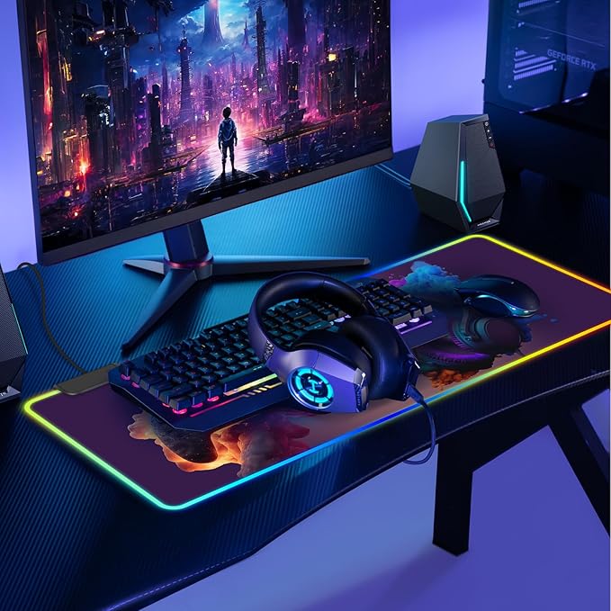 RGB Gaming Mouse Pad Large Mousepad with LED Light 13 Light Modes Touch Control Extended Soft Computer Keyboard Mat Pad Desk Mat with Non-Slip Rubber Base for MacBook Laptop(31.5X11.8 Game Handle)