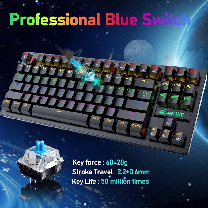 LexonElec K2 Mechanical Gaming KeyboardBlue Switch Mini 82 Keys Wired Rainbow LED Backlit KeyboardLightweight Gaming Mouse DPI Adjustable Honeycomb Optical for MAC PC Gamers(Black)