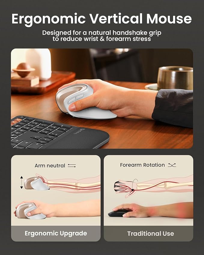 ProtoArc Ergonomic Mouse EM11 NL Bluetooth Rechargeable Wireless Vertical Mouse 3 Multi-Device Connectivity for Computer/PC/Laptop 2.4GHz USB-A Optical Mice for Windows Mac OS White Gold