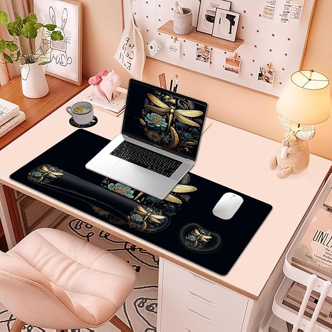 Large Mouse Pad + Keyboard Wrist Rest Set Extended Gaming Mousepad (31.5X11.8 inch) with Non-Slip Rubber Ergonomics Memory Foam Mouse Wrist Rest Support Golden Dragonfly and Flowers XXL Desk Pad