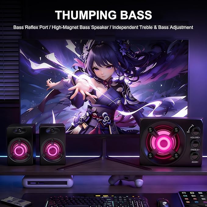 D-208 Computer Speakers with Subwoofer 2.1 Hi-Fi PC Speakers System with RGB Lighting  Enhanced Bass Plug and Play USB/USB-C Powered and 3.5mm Aux in for Desktop Monitor Laptop Tablet (Black)