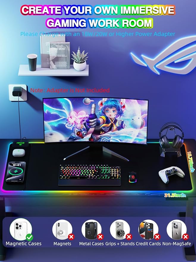RGB Desk Mat with 15W Fast Charging Mouse Pad Wireless Charging Large Gaming Mousepad for Desk Pad Waterproof Non-Slip