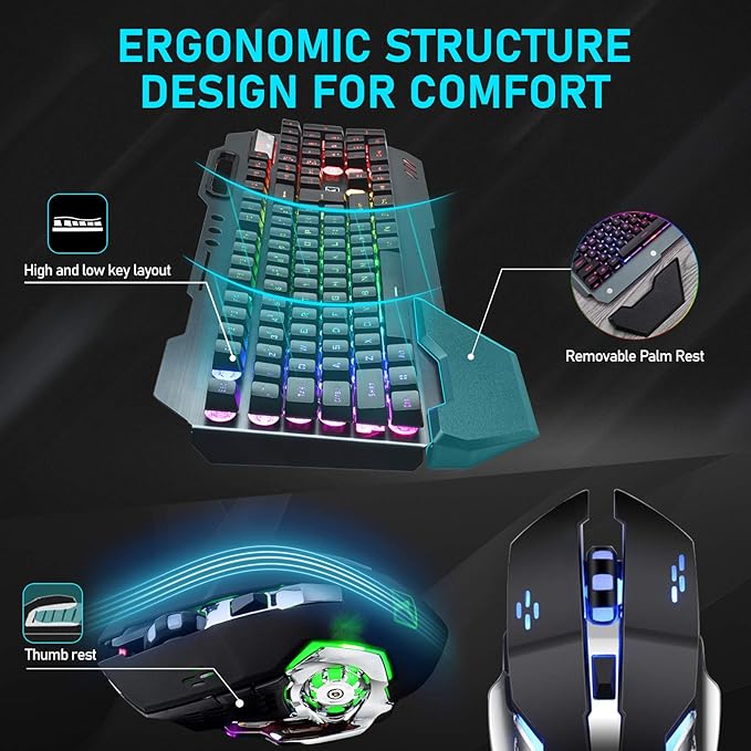 Wireless Gaming Keyboard and Mouse with Rainbow LED 16RGB Backlit Rechargeable 4800mAh Battery Metal Panel Mechanical Ergonomic Feel Waterproof Dustproof 7 Color Mute Mice for Laptop PC Gamer(Black)