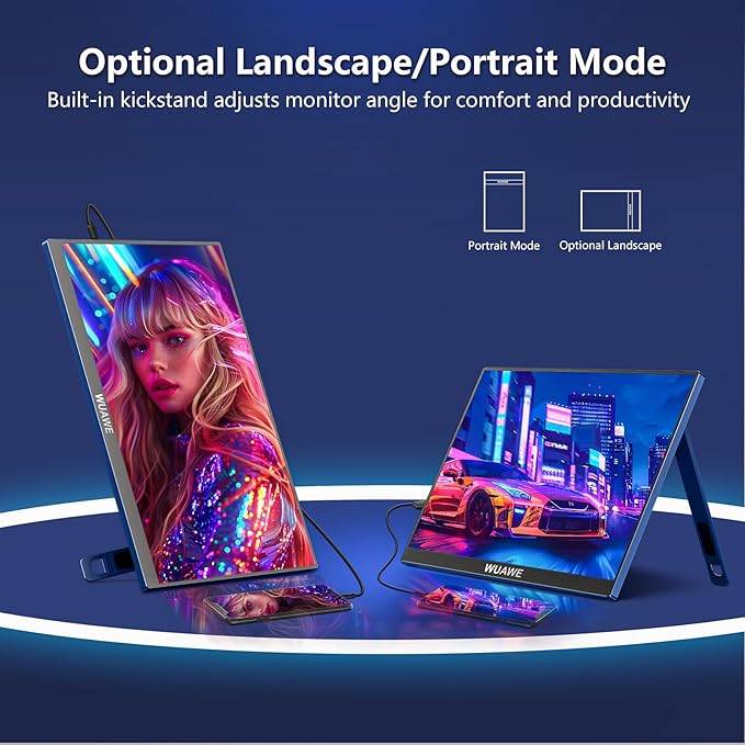 WUAWE 16 Inch Portable Gaming Monitor 1920x1200P FHD | 60hz Refresh Rate &amp HDR for PS5/Switch | Ultra-Thin 0.3 Built-in Speakers Eye Care | Plug&ampPlay for Laptop/Mac/Phone | Student Gift(Blue