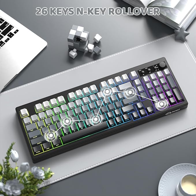 ZIYOU LANG K100 Wireless Gaming Keyboard99 Keys Tri-Mode BT/2.4GHz/USB-C Creamy Color Keyboard with Number Pad RGBMedia Knob Custom Programmable Computer Keyboards for PC/Mac/Xbox (Black)