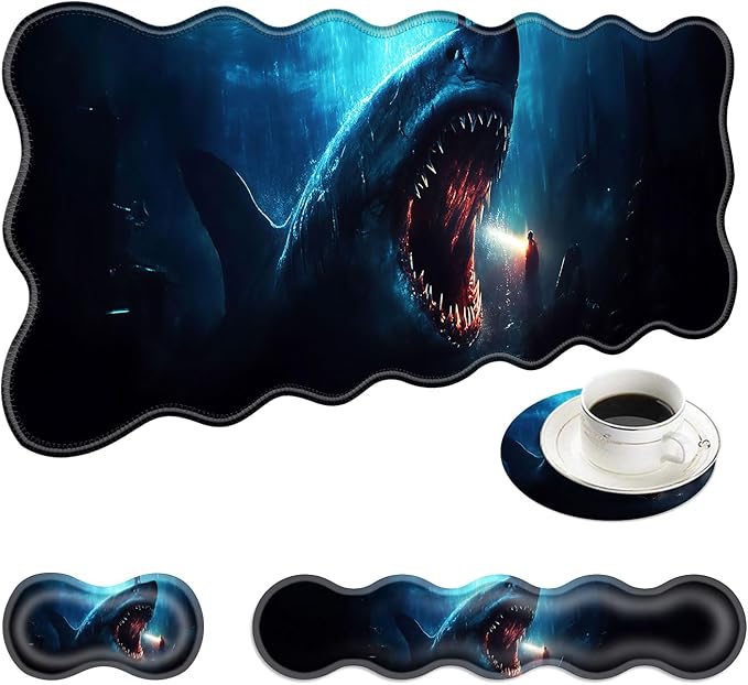 Large Mouse Pad and Keyboard Wrist Rest Desk Pad for Keyboard and Mouse 4-in-1 Large Gaming Mouse Pad with Wrist Support Desk Mat for Home Office Study Game-Cute Shark
