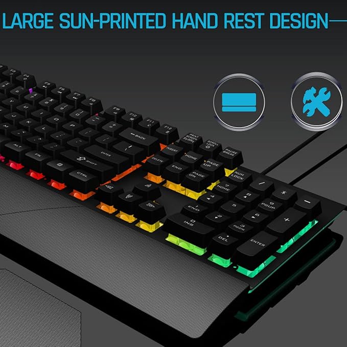 GOWENIC Mechanical Gaming Keyboard Wired RGB with Ergonomic Wrist Rest 104 Keys USB QWERTY Layout