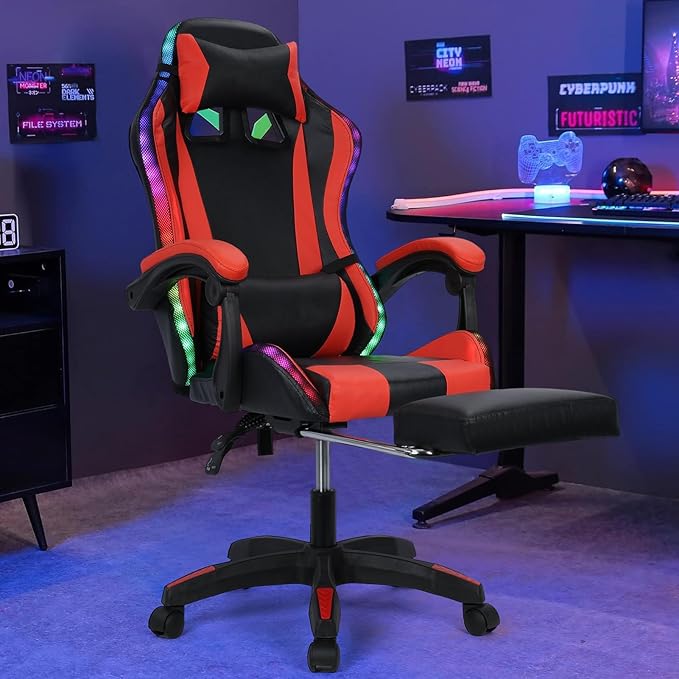 Gaming Chair with Bluetooth Speakers and RGB LED Lights High Back Video Game Massage Chair 360° Swivel Height Adjustable Recliner with Footrest &amp Headrest Lumbar Support Pillows (Black &amp Red)