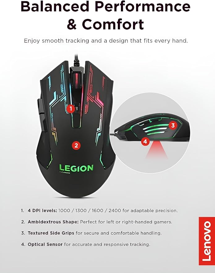 Lenovo Legion M200 RGB Gaming Mouse5-button designup to 2400 DPI with 4 levels DPI switch7-color circulating-backlightbraided cablecomfort for playingeasy to set-upGX30P93886Black