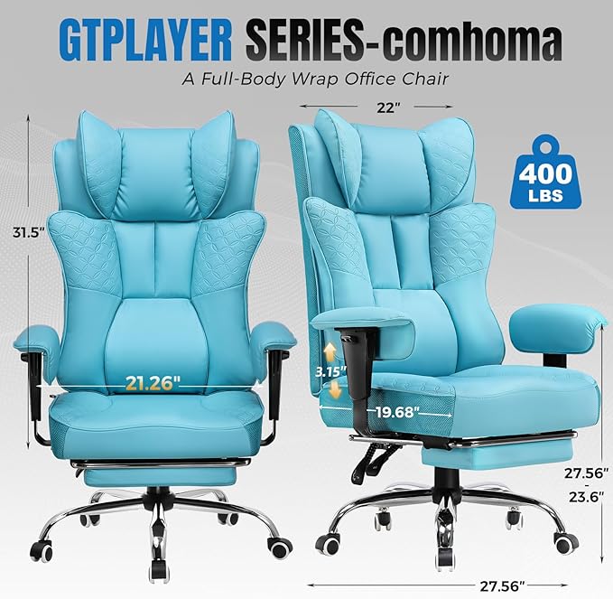 GTPLAYER Big and Tall Office Chair 400LBS Wide Ergonomic Gaming Chair with Deluxe Embossing Designed Leather with Foot Rest150°Reclining Adjustable Soft Armrests Pocket Spring Back Support and Pillow