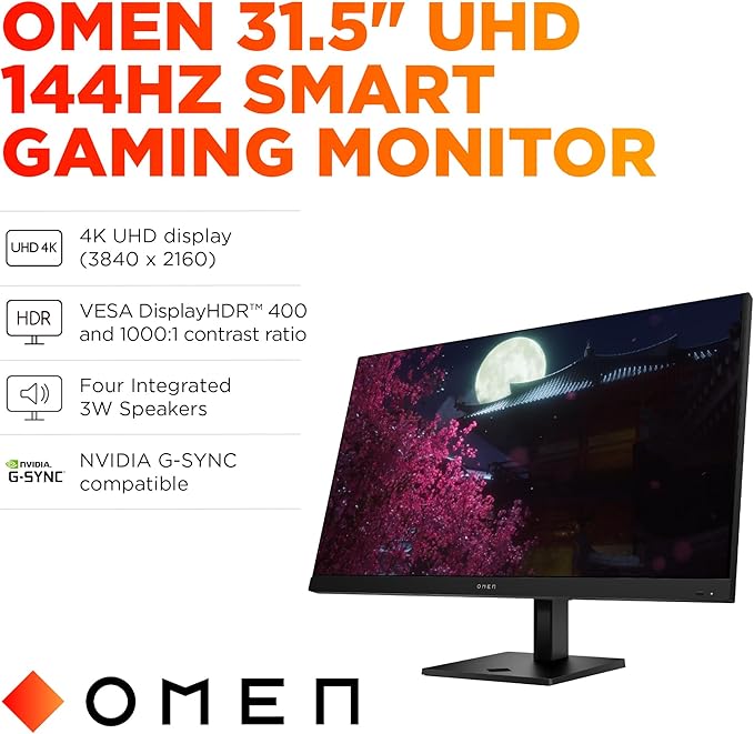 HP OMEN 31.5 inch UHD 144Hz Smart Gaming Monitor 4K UHD Display (3840 x 2160) IPS Panel Technology VESA DisplayHDR 400 1ms GtG (with Overdrive) NVIDIA G-SYNC Compatible Black OMEN 32x (2025)