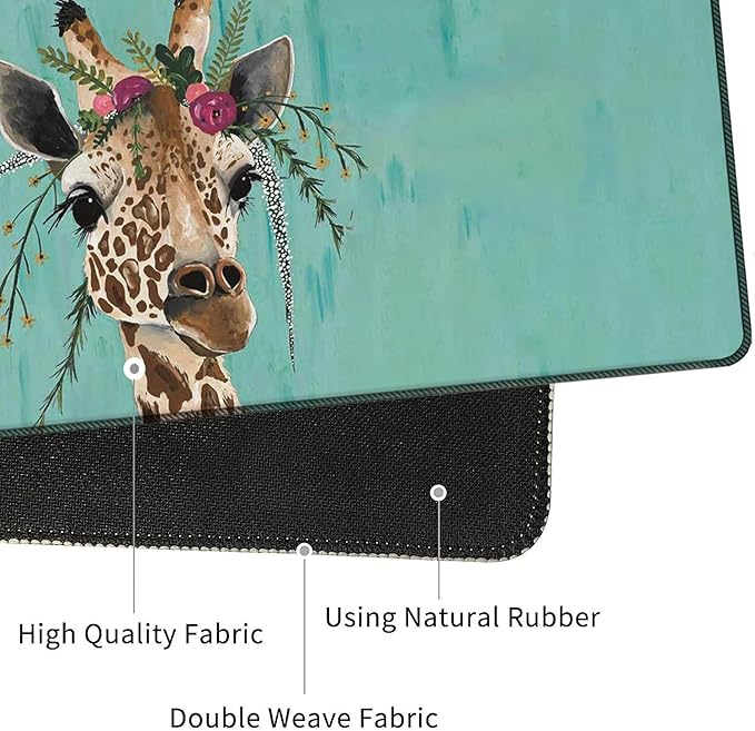 4 in 1 Mouse Pad Combo Large Gaming Mouse Pad + Keyboard Wrist Support + Mouse Wrist Rest + Coaster Table Pad with Stitched Edge Memory Foam Ergonomic Wrist Pad Set Giraffe with Floral Headgear