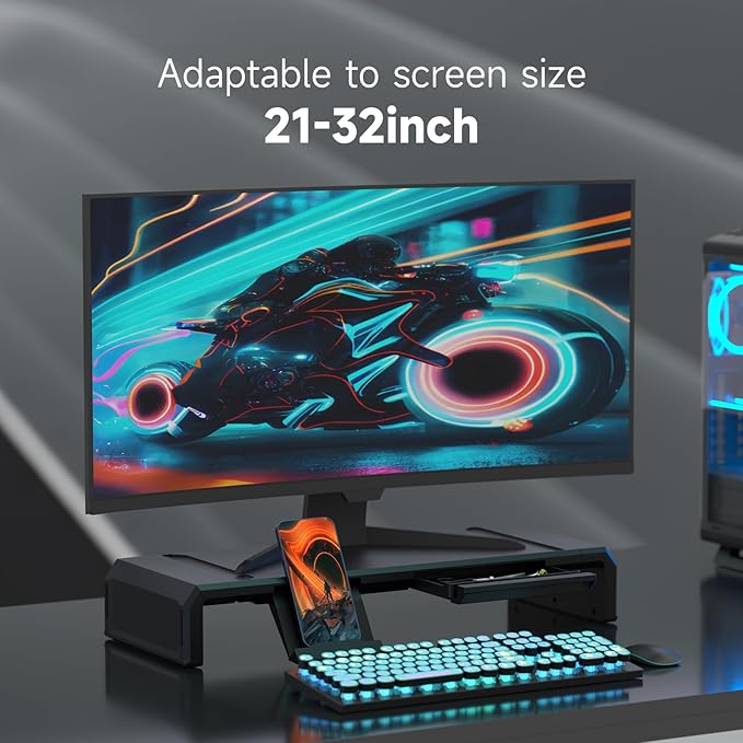 Heymaster Monitor Stand Riser Foldable Computer Monitor Riser Adjustable Length Computer Stand Desk Shelf Riser with Storage Drawer &ampTablet Phone Stand for Desktop Laptop