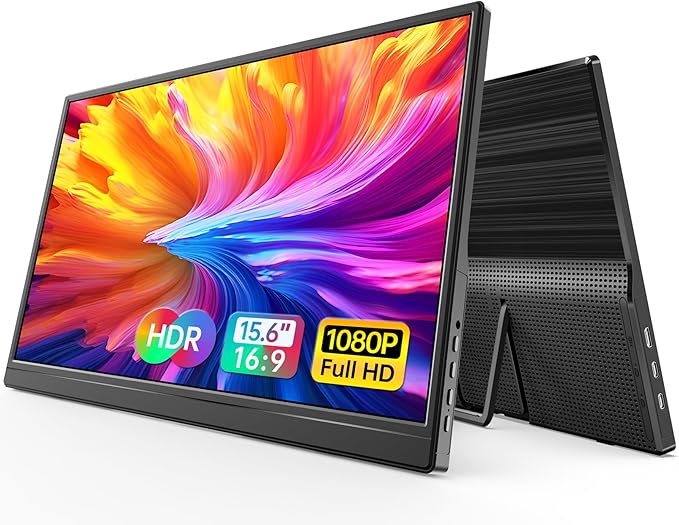 WGK 15.6 inch Portable Monitor 1080P FHD Travel Display HDMI/USB-C Compatible with Laptops Desktops Phones PS Mac Xbox Switch and Other Gaming Devices Includes Stand and Speakers VESA