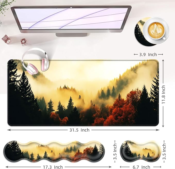 Large Keyboard Mouse Pad Set Extended Mouse Pad+Keyboard Wrist Rest Support Memory Foam Ergonomic Easy Typing 4Pcs (31.5×11.8 in) Desk Pad Set for Office HomeNature Misty Forest