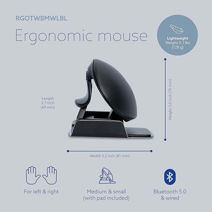 R-Go Twister Ambidextrous Mouse Foldable design Ergonomic vertical With Break Software Duo connection(Bluetooth&ampusb C) Silent Click Prevents Tennis Elbow/RSI For Windows/Mac Black