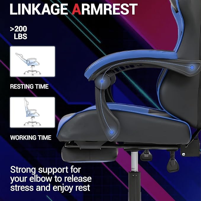 Gaming Chair with Footrest for Adults - PU Leather Video Game Chair w/Massage Lumbar Support for Men Women Ernogomic Computer Gamer Chair for Home Office Height Adjustable Blue