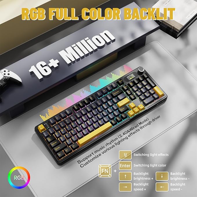 ATTACK SHARK X98PRO Wireless Mechanical KeyboardMulti-Function Knob&ampTFT ScreenTri-Mode BT/2.4G Hz/USB-C Wired KeyboardHot-Swap RGB Backlit4000mAh 98 KeysCloud Drivefor Win/Mac/Linux-Starry B