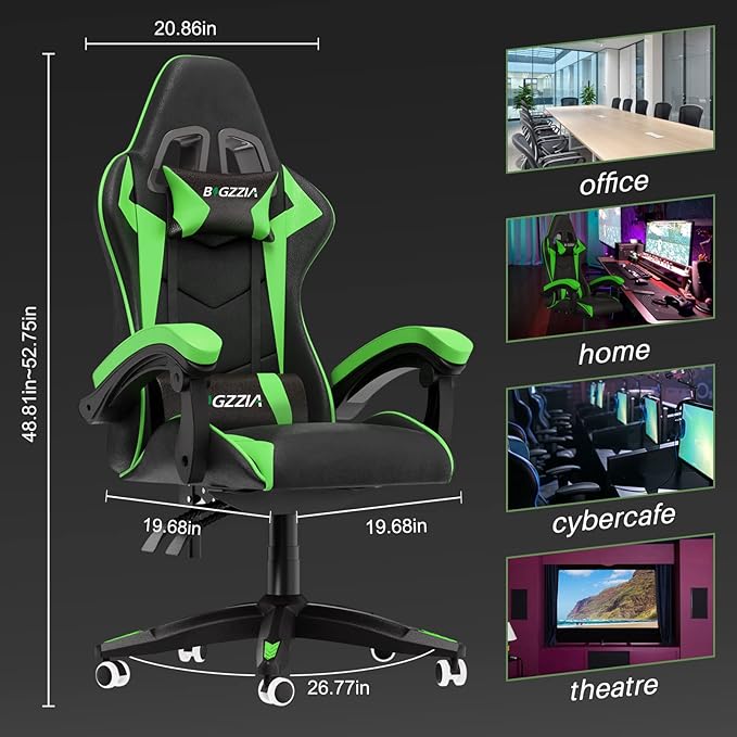Gaming Chair High Back Ergonomic Computer Gamer Chair with Headrest and Lumbar Support Racing Style Reclining Game Chair for Adults Kids (Green-Black)