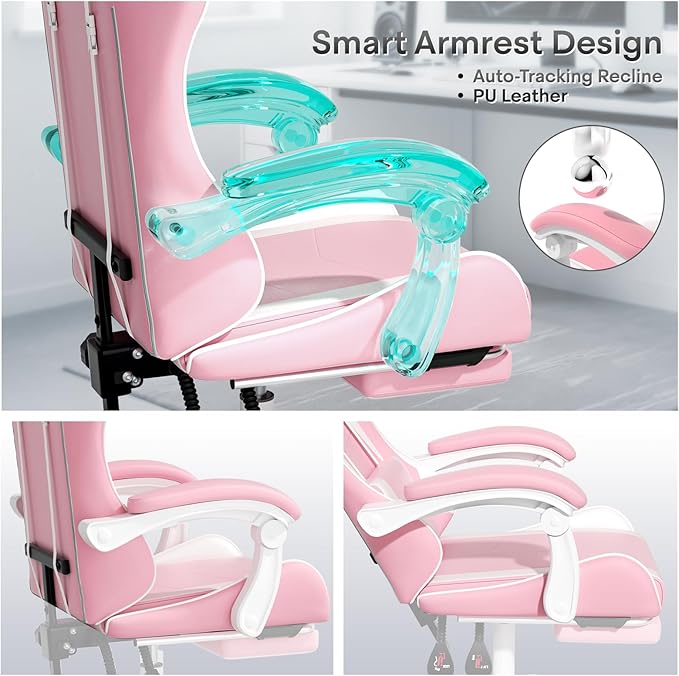 Athena Collection Gaming Chair Ergonomic Gaming Chair with Footrest &amp Headrest Lumbar Support Height Adjustable Swivel Computer Chair Office Chair for Kids Adults(Pink)