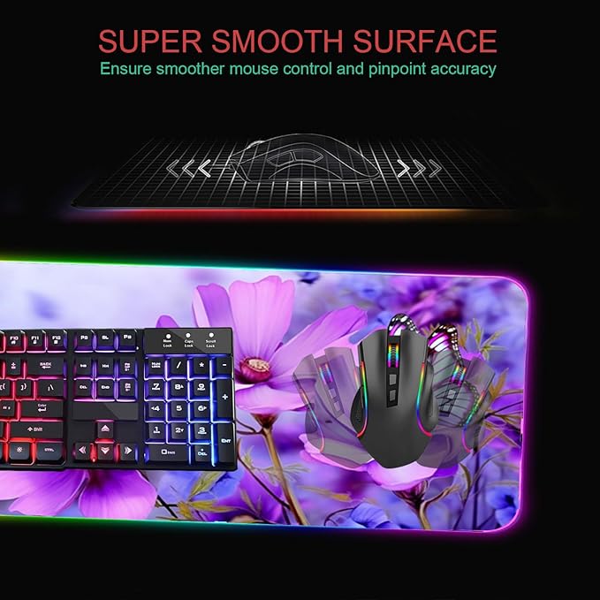 RGB Gaming Mouse Pad with Coffee Coaster XXL Large Glowing LED Mousepad Anti-Slip Rubber Base Computer Keyboard Desk Mouse Mat 31.5 X 11.8 Inch - Purple Flowers and Butterfly