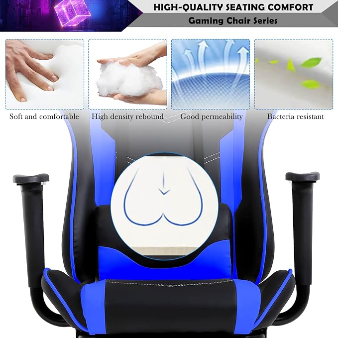 PC Computer Lumbar Support HeadrestHigh Back Racing Office Video Gaming Rolling Swivel Task Chair for Kids or AdultsBlue